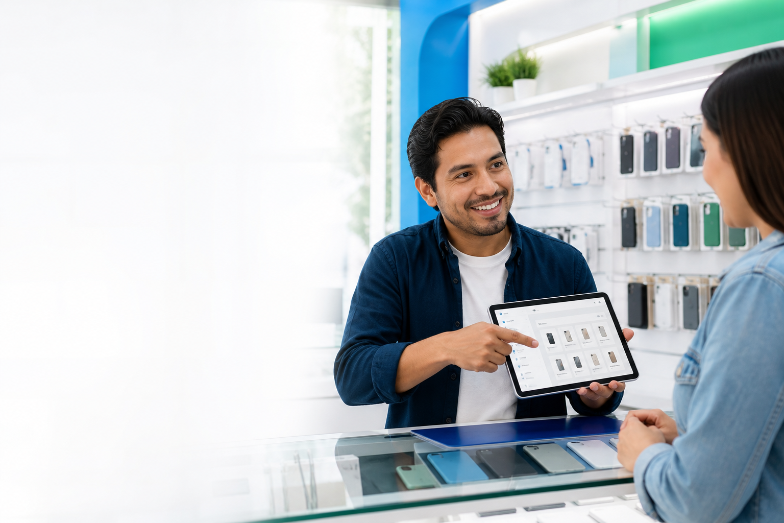 Vendedor de un negocio de celulares consultando compatibilidades JIREHGO